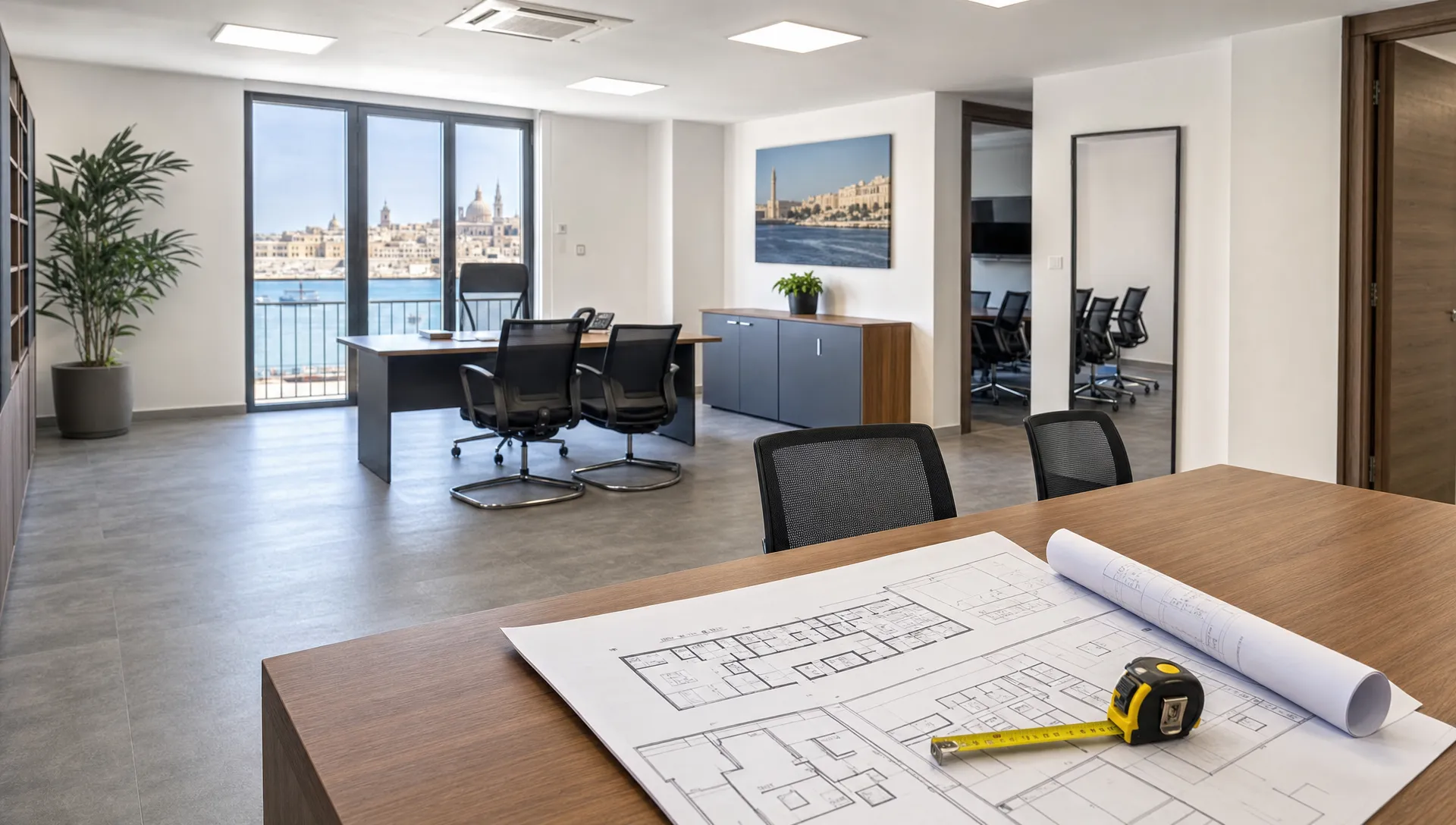 A modern Malta office prepared by an office space rental agency for a viewing, with desks, meeting chairs, floor plans and a measuring tape on the table.