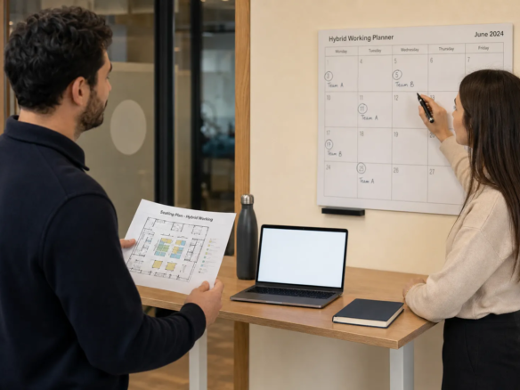 Two colleagues in Malta plan a hybrid office schedule beside a seating plan, calendar and laptop.