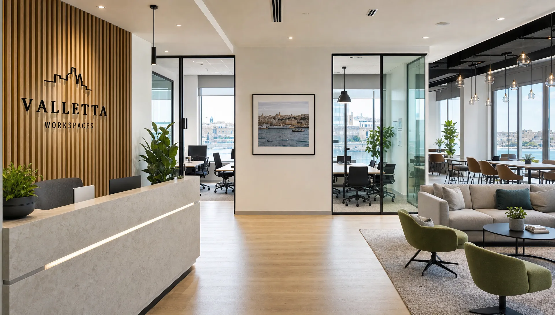 A bright serviced office reception in Malta opens onto furnished private workspaces, meeting rooms and a shared lounge.