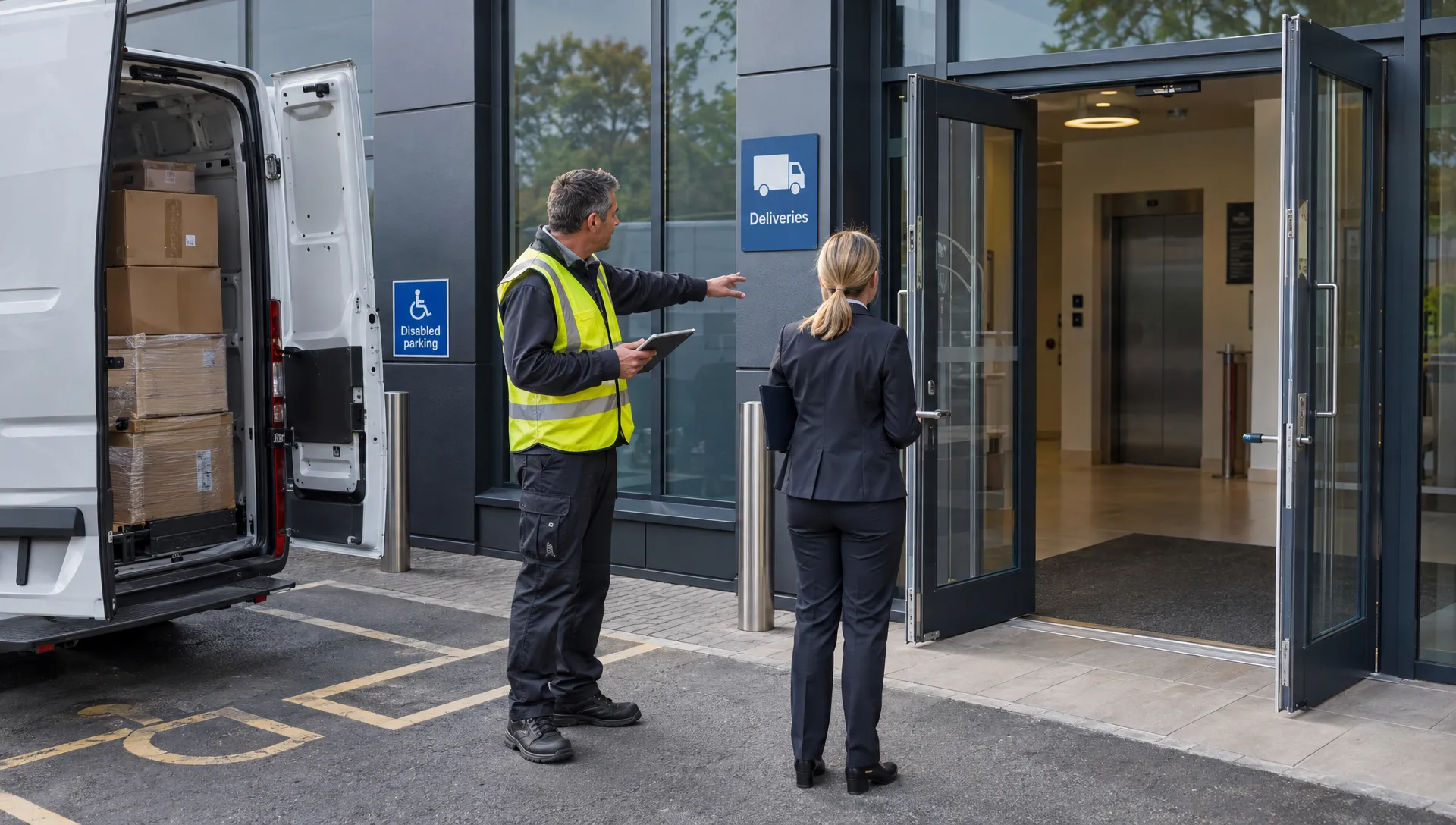 A landlord and facilities manager inspect a commercial building entrance beside a delivery vehicle, checking unloading access, doorway width and marked parking spaces.