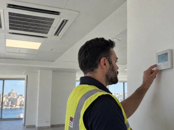 A technician checks the cooling controls in a vacant Malta office, assessing whether the premises can stay comfortable during a full working day. business premises to rent
