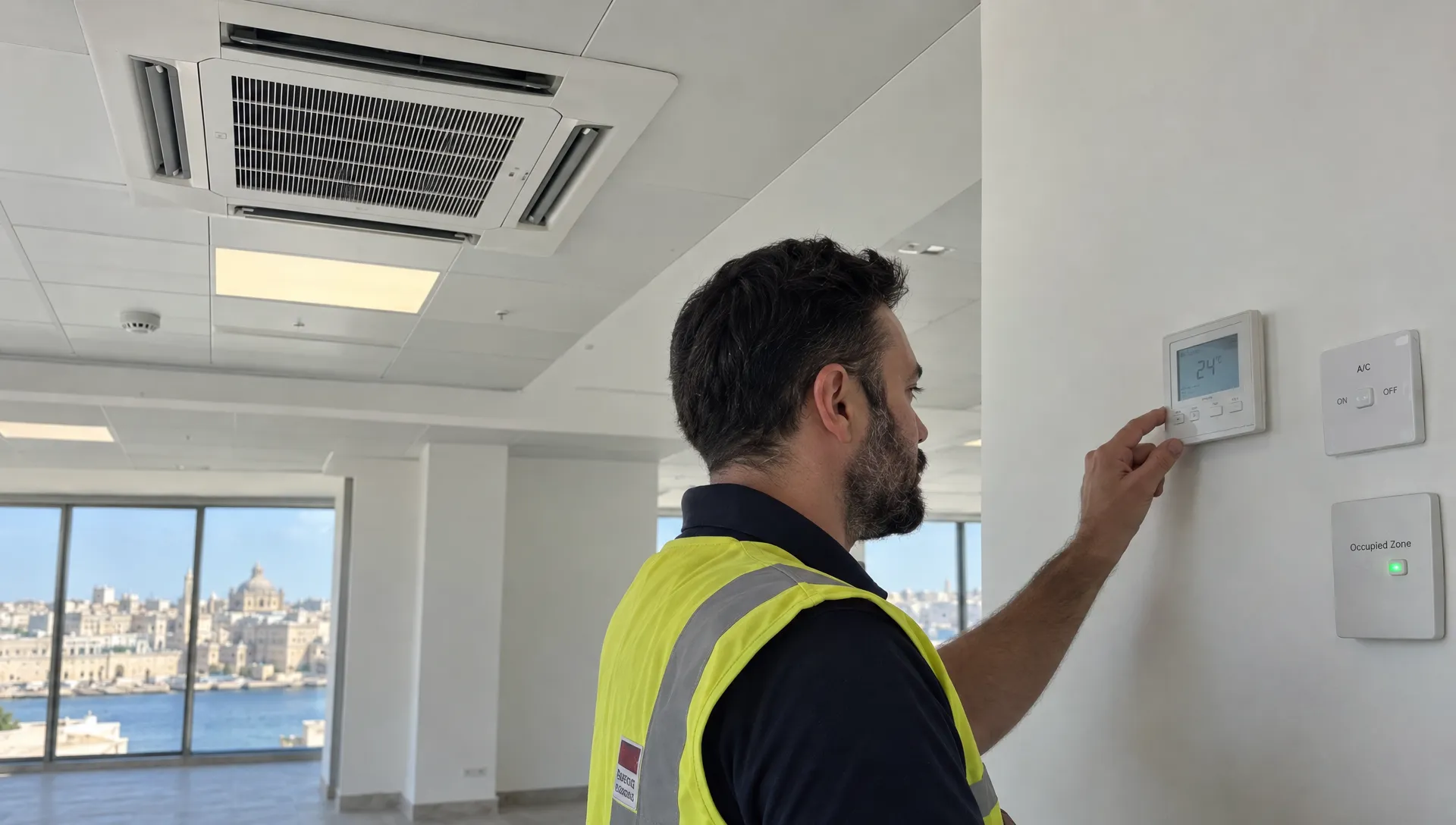 A technician checks the cooling controls in a vacant Malta office, assessing whether the premises can stay comfortable during a full working day. business premises to rent