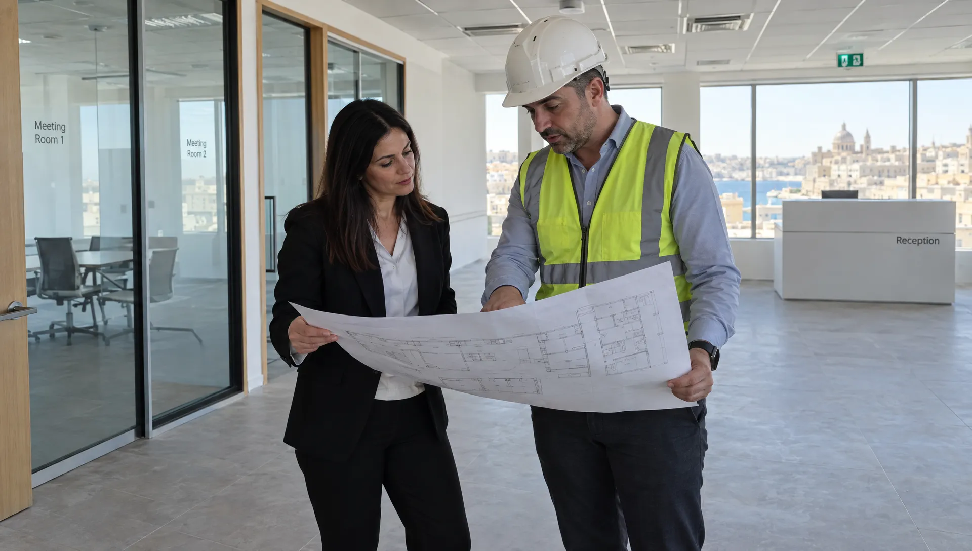 An office manager and building specialist inspect a floor plan in an unfurnished Malta office, checking meeting rooms, circulation space and reception during a site visit.