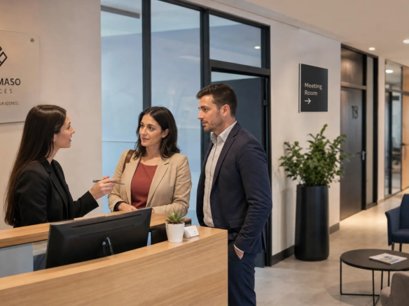 Two adults discuss a serviced office with a receptionist in a Malta office building reception area.